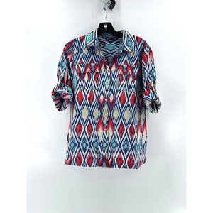 Jones New York Women's Orange Blue Rolled Sleeve Collared Button Shirt Top Small